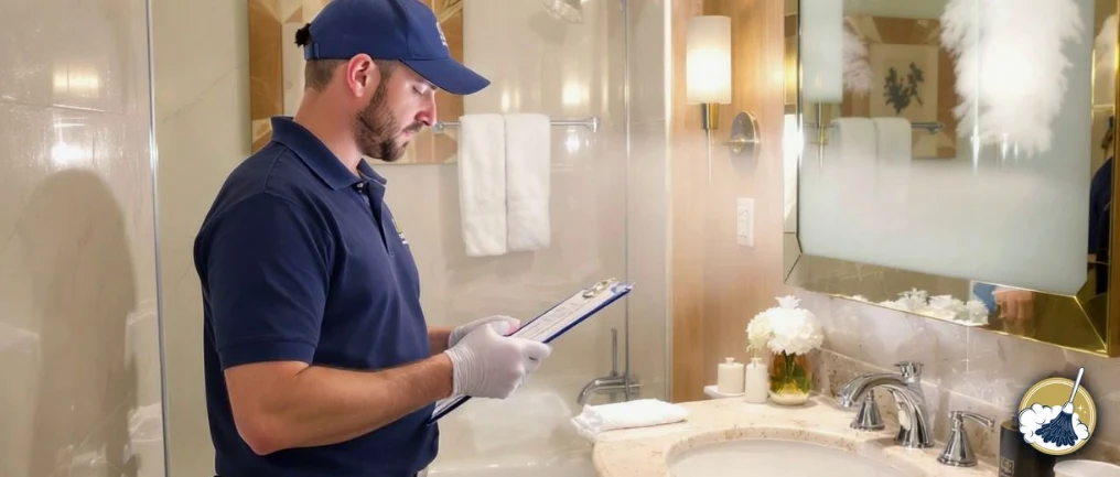 Fluffy supervisor inspecting a hotel bathroom against the 75-point checklist