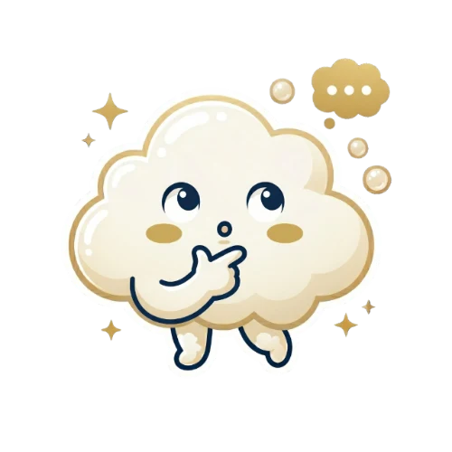 Nuvem, the FluffyOS assistant mascot: a cream cloud character in a thinking pose